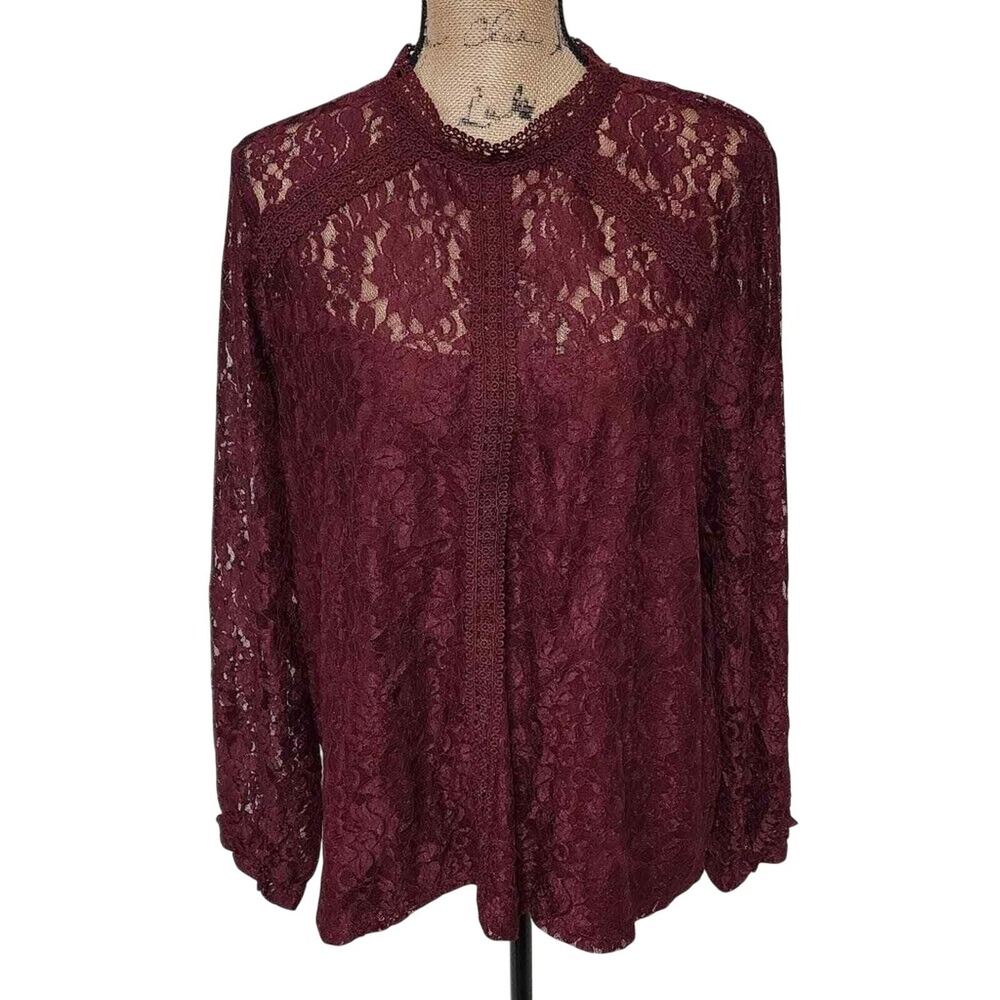 Cable & Gauge Burgundy Lace Mock Neck Long Sleeve Blouse Elegant Romantic 3X New